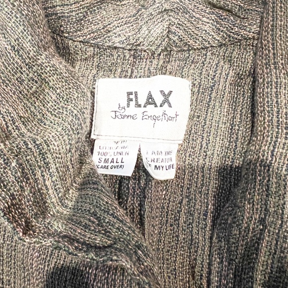 FLAX 100% Linen Brown Multicolor Woven Shawl Collar Snap Front Top/Jacket - Picture 9 of 10